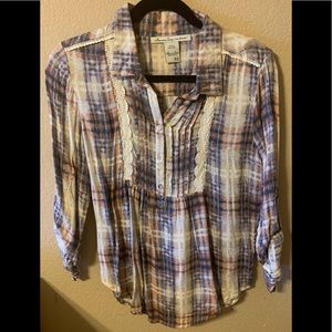 American Rag half button plaid top.